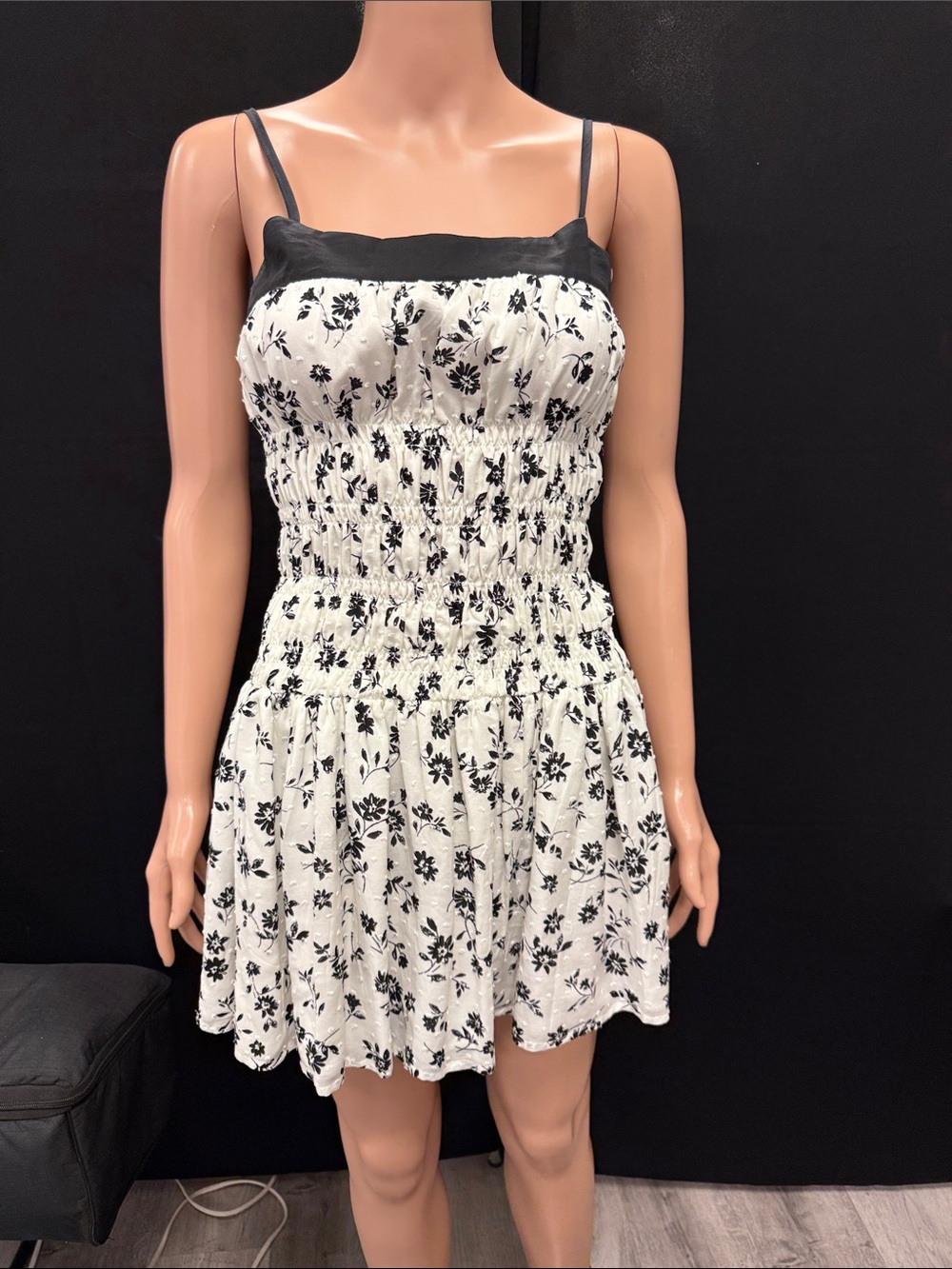Black & White Floral Smocked Mini Dress with Spaghetti Straps